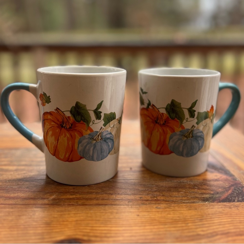 ROYAL NORFOLK Orange Blue Pumpkin Fall Ceramic Coffee Tea Mug Set of 2